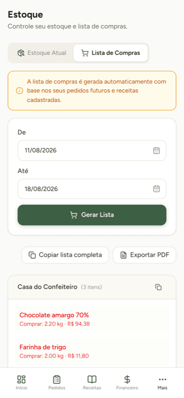 Lista de compras do Doce Gestão no celular