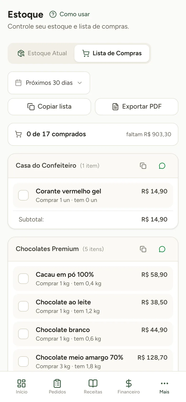 Lista de compras do Doce Gestão no celular