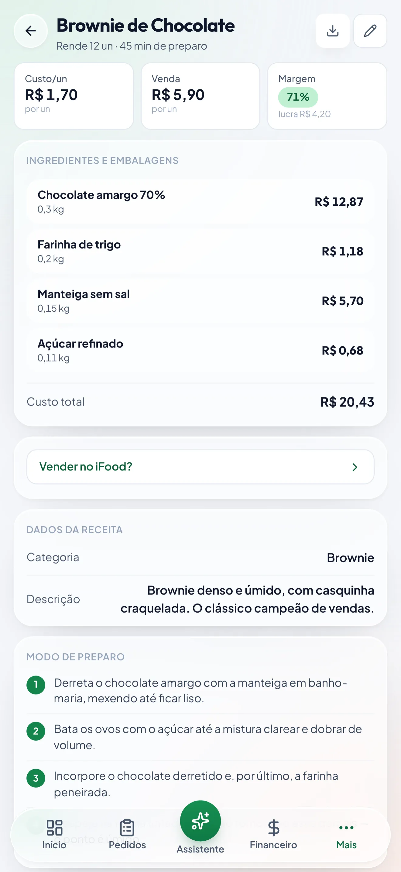 Tela de uma receita no Doce Gestão: Brownie de Chocolate com custo por unidade, preço de venda, margem, ingredientes com o custo de cada um e o preço para o iFood